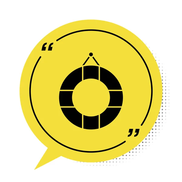 Czarna ikona Lifeboy izolowana na białym tle. Symbol pasa ratunkowego. Żółty symbol bańki mowy. Ilustracja wektora — Wektor stockowy