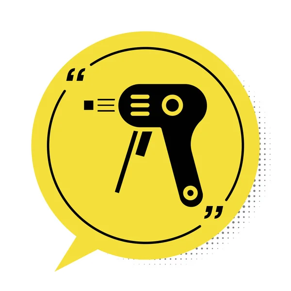 Negro eléctrico pistola de pegamento caliente icono aislado sobre fondo blanco. Pegamento para pistola caliente. Aparato de reparación en caliente silicona. Símbolo amarillo de burbuja. Ilustración vectorial — Vector de stock