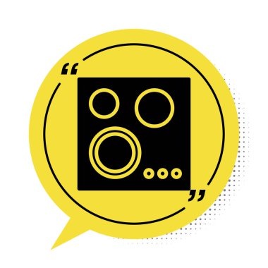 Siyah Gaz soba simgesi beyaz arkaplanda izole edildi. Mutfak tabelaları. Dört daire ocağı olan bir hob. Sarı konuşma balonu sembolü. Vektör İllüstrasyonu