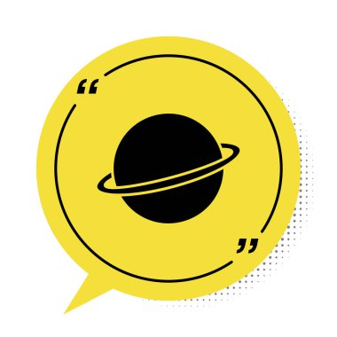Siyah Gezegen Satürn 'ün beyaz arka planda izole edilmiş gezegen halka ikonu. Sarı konuşma balonu sembolü. Vektör İllüstrasyonu