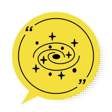 Siyah Samanyolu sarmal gökadası beyaz zemin üzerinde izole edilmiş yıldız ikonu ile. Sarı konuşma balonu sembolü. Vektör İllüstrasyonu