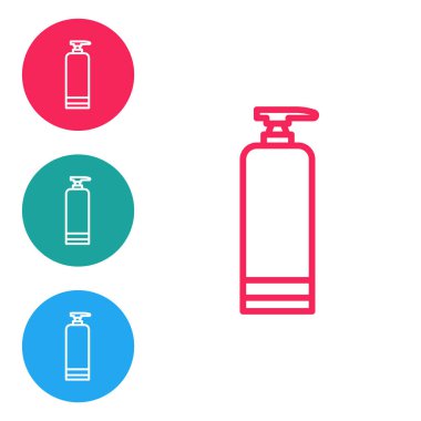 Beyaz arkaplanda kırmızı çizgi kremi ya da losyon kozmetik tüp ikonu izole edilmiş. Erkekler için vücut bakım ürünleri. Simgeleri daire düğmelerine ayır. Vektör İllüstrasyonu