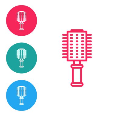 Kırmızı çizgi saç fırçası simgesi beyaz arkaplanda izole edildi. Taraklı saç işareti. Berber sembolü. Simgeleri daire düğmelerine ayır. Vektör İllüstrasyonu