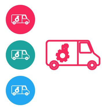 Kırmızı çizgi araba servis simgesi beyaz arkaplanda izole edildi. Tamirci oto tamircisi. Bakım tabelası. Simgeleri daire düğmelerine ayır. Vektör İllüstrasyonu