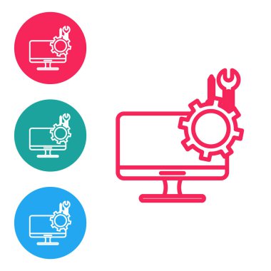 Beyaz arkaplanda izole edilmiş tornavida ve anahtar ikonlu kırmızı çizgi bilgisayar monitörü. Ayarlama, servis, ayar, bakım, onarım. Simgeleri daire düğmelerine ayır. Vektör İllüstrasyonu