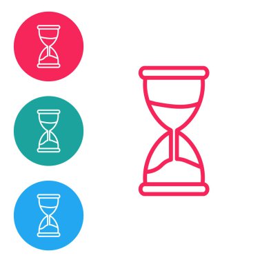 Kırmızı çizgi. Beyaz zemin üzerinde kum ikonu olan eski kum saati. Kum saati işareti. İş ve zaman yönetimi kavramı. Simgeleri daire düğmelerine ayır. Vektör İllüstrasyonu