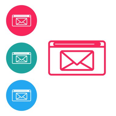 Kırmızı satır E- posta ve e- posta simgesi beyaz arkaplanda izole edildi. Zarf sembolü e-postası. E- posta kodu. Simgeleri daire düğmelerine ayır. Vektör İllüstrasyonu