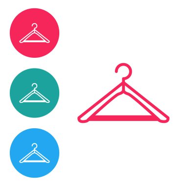 Kırmızı çizgi elbise askısı simgesi beyaz arka planda izole edildi. Vestiyer ikonu. Kıyafet servis sembolü. Çamaşır askı tabelası. Simgeleri daire düğmelerine ayır. Vektör İllüstrasyonu