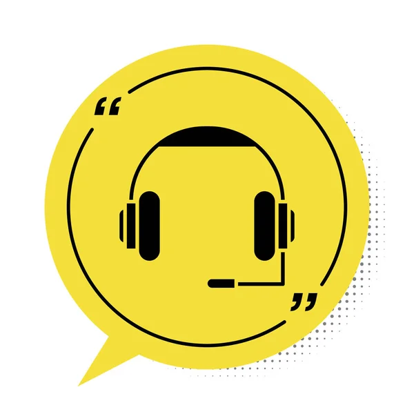 Musta kuulokkeet kuvake eristetty valkoisella taustalla. Kuulokkeet. Konsepti musiikin kuunteluun, palveluun, viestintään ja operaattoriin. Keltainen puhekuplan symboli. Vektorikuvaus — vektorikuva