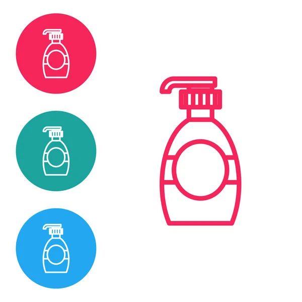 Botol garis merah sabun antibakteri cair dengan ikon dispenser diisolasi pada latar belakang putih. Disinfeksi, kebersihan, konsep perawatan kulit. Atur ikon dalam lingkaran tombol. Ilustrasi Vektor - Stok Vektor