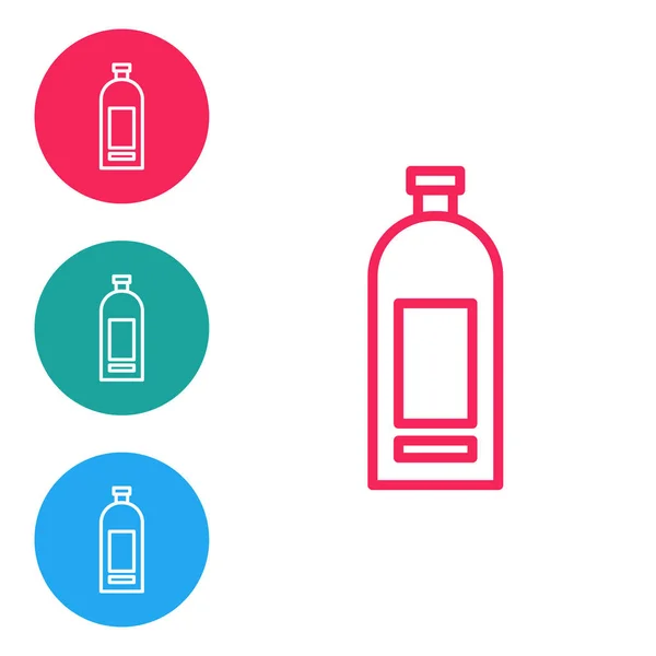 Kırmızı çizgili şampuan şişesi beyaz arka planda izole edilmiş. Simgeleri daire düğmelerine ayır. Vektör İllüstrasyonu — Stok Vektör