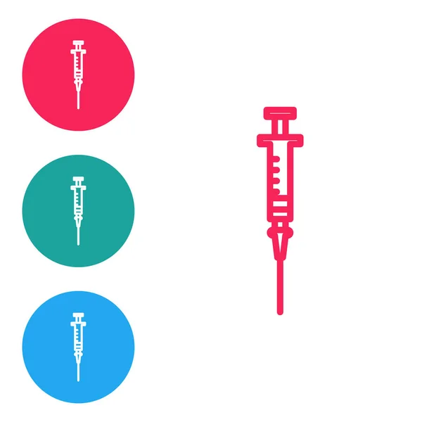 Red line Syringe icon isolated on white background. Syringe for vaccine, vaccination, injection, flu shot. Medical equipment. Set icons in circle buttons. Vector Illustration — Stock Vector