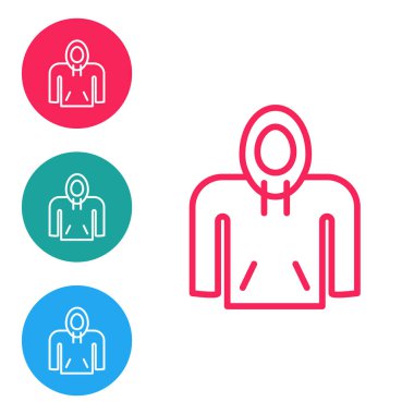 Kırmızı çizgi kapüşonlu simgesi beyaz arkaplanda izole edildi. Kapüşonlu kazak. Simgeleri daire düğmelerine ayır. Vektör İllüstrasyonu