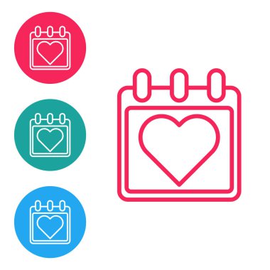 Beyaz arkaplanda kalp simgesi olan kırmızı çizgi takvimi. Sevgililer Günü. Aşk sembolü. 14 Şubat. Simgeleri daire düğmelerine ayır. Vektör İllüstrasyonu