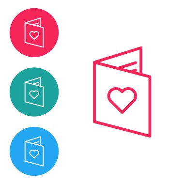 Beyaz arka planda kalp ikonu olan kırmızı çizgi Sevgililer Günü broşürü. Kutlama için davetiye ya da tebrik kartı şablonu. Simgeleri daire düğmelerine ayır. Vektör İllüstrasyonu