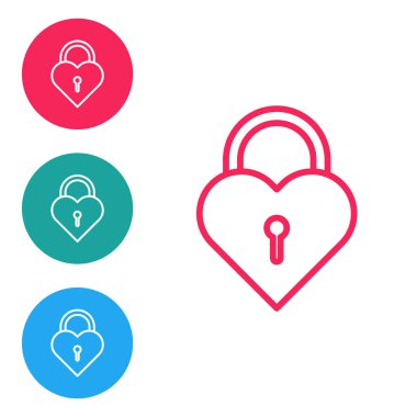 Beyaz arka planda izole edilmiş bir kalp ikonu şeklinde kırmızı çizgi Castle. Kilitli Kalp. Aşk sembolü ve anahtar deliği işareti. Simgeleri daire düğmelerine ayır. Vektör İllüstrasyonu