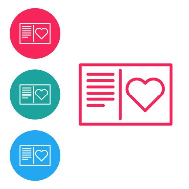 Beyaz arka planda kalp ikonu olan kırmızı çizgi Sevgililer Günü broşürü. Kutlama için davetiye ya da tebrik kartı şablonu. Simgeleri daire düğmelerine ayır. Vektör İllüstrasyonu