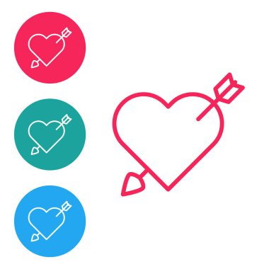 Kırmızı çizgi Amour sembolü, beyaz arka planda izole edilmiş kalp ve ok simgesi. Aşk işareti. Sevgililer Günü sembolü. Simgeleri daire düğmelerine ayır. Vektör İllüstrasyonu