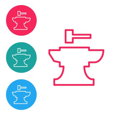 Demircilik için kırmızı çizgi örs ve beyaz arka planda izole edilmiş çekiç simgesi. Metal dövmesi. Kalpazanlık aleti. Simgeleri daire düğmelerine ayır. Vektör İllüstrasyonu