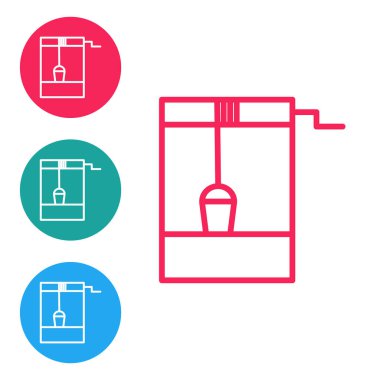 Kırmızı çizgi. Beyaz arka planda izole edilmiş bir kova ve içme suyu ikonu var. Simgeleri daire düğmelerine ayır. Vektör İllüstrasyonu