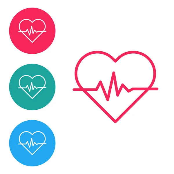 Rode lijn Hartslagpictogram geïsoleerd op witte achtergrond. Hartslagteken. Hartslag icoon. Cardiogram icoon. Stel pictogrammen in cirkel knoppen. Vector Illustratie — Stockvector