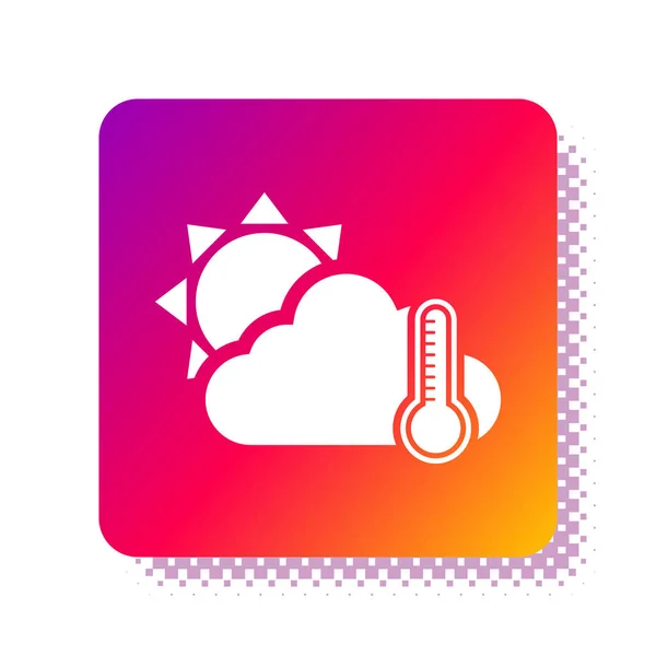 Witte thermometer en wolk met zon pictogram geïsoleerd op witte achtergrond. Vierkante kleur knop. Vector Illustratie — Stockvector