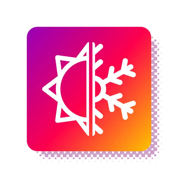 Λευκό ζεστό και κρύο σύμβολο. Ήλιος και νιφάδες χιονιού απομονώνονται σε λευκό φόντο. Χειμερινό και καλοκαιρινό σύμβολο. Τετράγωνο κουμπί χρώματος. Εικονογράφηση διανύσματος — Διανυσματικό Αρχείο