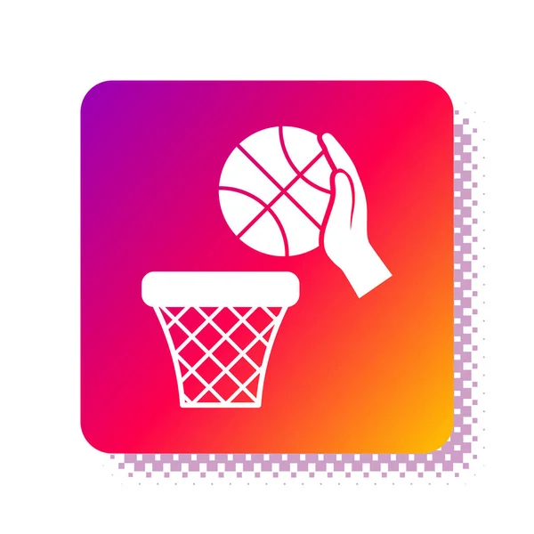 White Hand with basketball ball and basket icon isolated on white background. Ball in basketball hoop. Square color button. Vector Illustration — Stock Vector