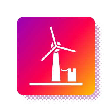 Beyaz arka planda beyaz rüzgar türbini simgesi izole edildi. Rüzgar jeneratörü işareti. Elektrik üretimi için yel değirmeni. Kare renk düğmesi. Vektör İllüstrasyonu