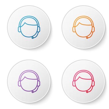 Beyaz arkaplanda izole edilmiş bir kulaklık simgesi olan renk çizgisi adamı. Destek operatörü hatta. Çağrı merkezi konsepti, müşteri destek servisi. Simgeleri daire düğmelerine ayır. Vektör İllüstrasyonu