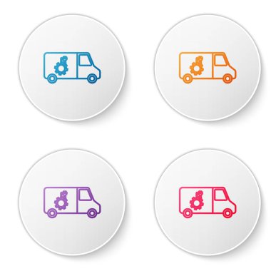 Renkli araba servis simgesi beyaz arkaplanda izole edildi. Tamirci oto tamircisi. Bakım tabelası. Simgeleri daire düğmelerine ayır. Vektör İllüstrasyonu