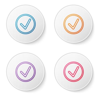 Beyaz arkaplanda izole edilmiş daire simgesinde renk çizgisi kontrol işareti. Seçim düğmesi işareti. İşaretleme sembolü. Simgeleri daire düğmelerine ayır. Vektör İllüstrasyonu