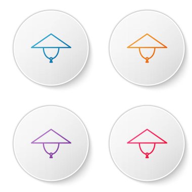 Beyaz arkaplanda izole edilmiş renkli Asyalı konik şapka simgesi. Çin konik hasır şapkası. Simgeleri daire düğmelerine ayır. Vektör İllüstrasyonu