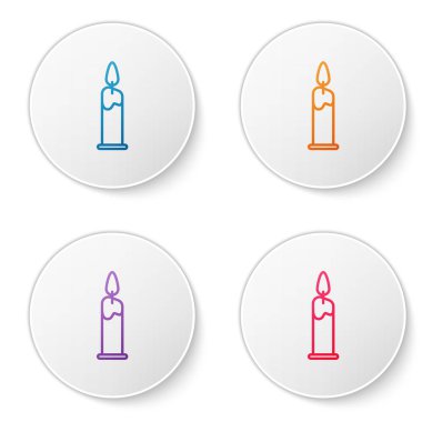 Beyaz arkaplanda izole edilmiş renkli mum yakma çizgisi. Silindirik mum çubuğu ve yanan ateş. Simgeleri daire düğmelerine ayır. Vektör İllüstrasyonu