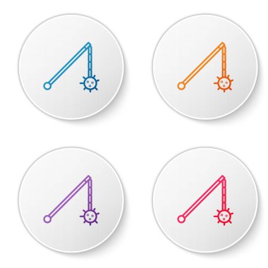 Renkli çizgi Ortaçağ zincirlenmiş top ikonu beyaz arkaplanda izole edildi. Ortaçağ silahı. Simgeleri daire düğmelerine ayır. Vektör İllüstrasyonu