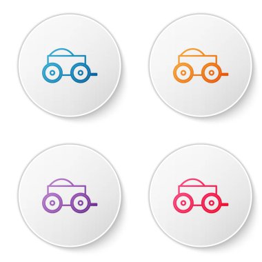 Beyaz arka planda saman ikonu olan dört tekerli renkli ahşap bir araba. Simgeleri daire düğmelerine ayır. Vektör İllüstrasyonu