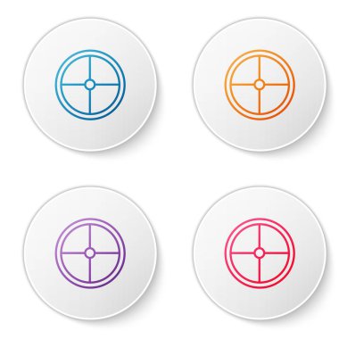 Renk çizgisi yuvarlak tahta kalkan simgesi beyaz arkaplanda izole edilmiş. Güvenlik, güvenlik, koruma, mahremiyet, koruma kavramı. Simgeleri daire düğmelerine ayır. Vektör İllüstrasyonu