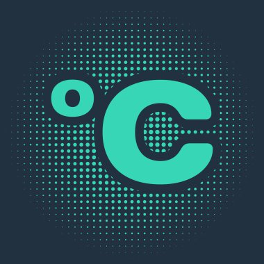 Yeşil Celsius simgesi mavi arkaplanda izole edildi. Soyut çember rastgele noktalar. Vektör İllüstrasyonu