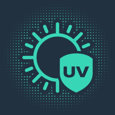 Mavi arkaplanda yeşil UV koruma simgesi izole edildi. Güneş ve kalkan. Ultra menekşe ışınları radyasyon. Güneş ışığı işareti. Soyut çember rastgele noktalar. Vektör İllüstrasyonu