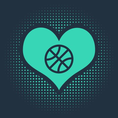 Yeşil Kalp ve basketbol topu mavi arka planda izole edilmiş bir ikon. Basketbol aşkı. Soyut çember rastgele noktalar. Vektör İllüstrasyonu