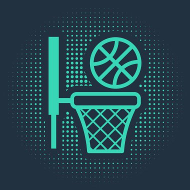 Mavi arka planda yeşil basketbol topu ve basket ikonu izole edildi. Basketbol potasında top. Soyut çember rastgele noktalar. Vektör İllüstrasyonu