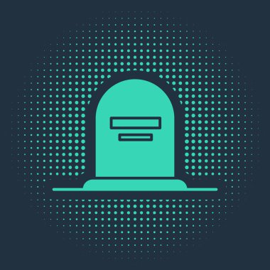 Üzerinde Rip yazan yeşil Tombstone mavi arkaplanda izole edilmiş bir simge. Mezar ikonu. Soyut çember rastgele noktalar. Vektör İllüstrasyonu