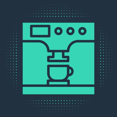 Mavi arka planda yeşil kahve makinesi ve kahve fincanı ikonu var. Soyut çember rastgele noktalar. Vektör İllüstrasyonu