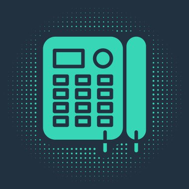 Mavi arkaplanda yeşil telefon simgesi izole edildi. Sabit telefon. Soyut çember rastgele noktalar. Vektör İllüstrasyonu