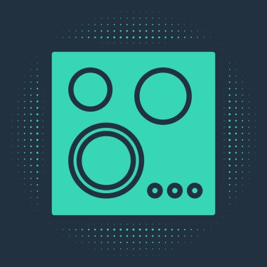 Mavi arkaplanda yeşil gaz sobası simgesi izole edildi. Mutfak tabelaları. Dört daire ocağı olan bir hob. Soyut çember rastgele noktalar. Vektör İllüstrasyonu