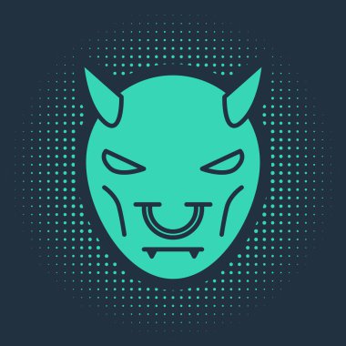 Mavi arka planda boynuz simgesi olan şeytanın Yeşil Maskesi. Soyut çember rastgele noktalar. Vektör İllüstrasyonu