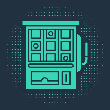 Yeşil Slot makinesi simgesi mavi arkaplanda izole edildi. Soyut çember rastgele noktalar. Vektör İllüstrasyonu