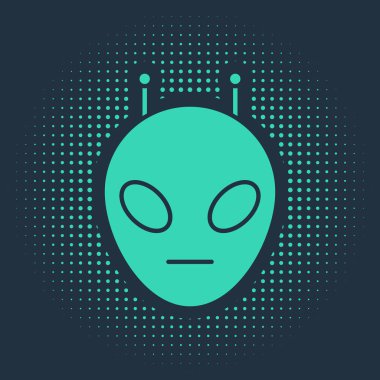 Yeşil Uzaylı simgesi mavi arkaplanda izole edildi. Uzaylı yüzü ya da kafa sembolü. Soyut çember rastgele noktalar. Vektör İllüstrasyonu