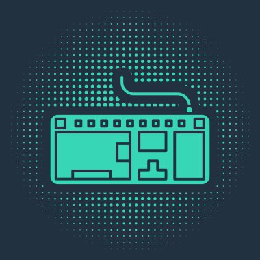 Mavi arkaplanda yeşil bilgisayar klavyesi simgesi izole edildi. Bilgisayar bileşeni işareti. Soyut çember rastgele noktalar. Vektör İllüstrasyonu