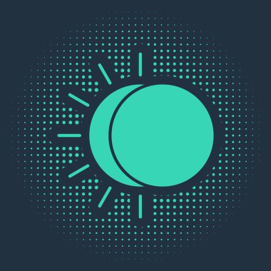 Mavi arkaplanda izole edilmiş güneş ikonunun yeşil tutulması. Tam sonar tutulması. Soyut çember rastgele noktalar. Vektör İllüstrasyonu